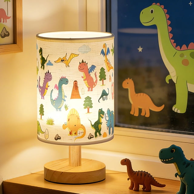 Lámpara de mesa infantil GFTDNS con diseño de dinosaurio, USB, regulable y base de madera