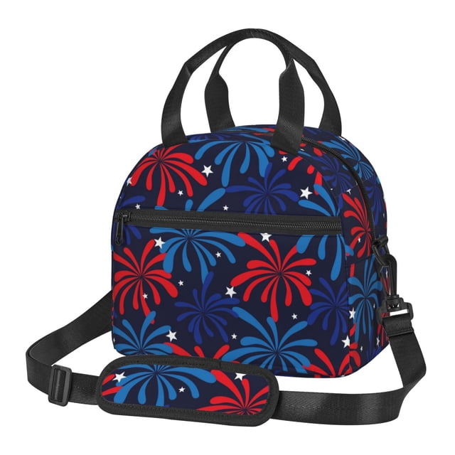 Fotbe Red White Blue Fireworks Bolsa de Almuerzo con Estampado, Lonchera Aislada, Contenedores de Comida Reutilizables Tipo Cooler a Prueba de Fugas