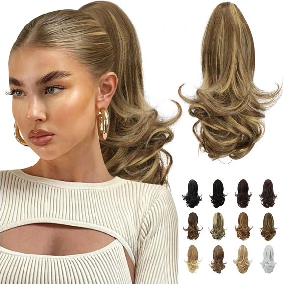 shiyou-13" Ponytail Extension Long Curly Ponytail Clip in Claw Hair Extension Natural Looking Synthetic Hairpiece for Women, Ash Brown Highlighted Bleach Blonde