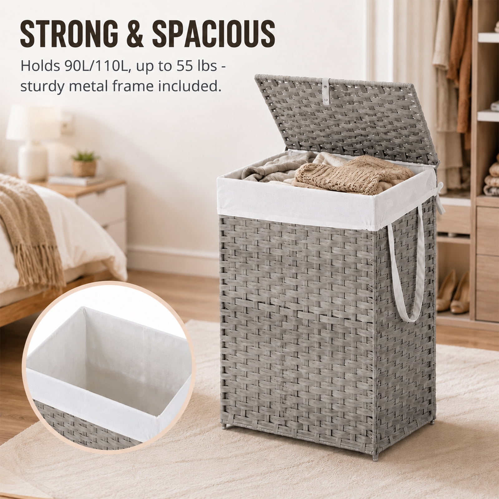 Alvantor 90L/110L Laundry Hamper with Lid, No Install Needed, Synthetic Rattan Clothes Laundry Basket with Lid and Handles, Foldable, Removable Liner, with Handles