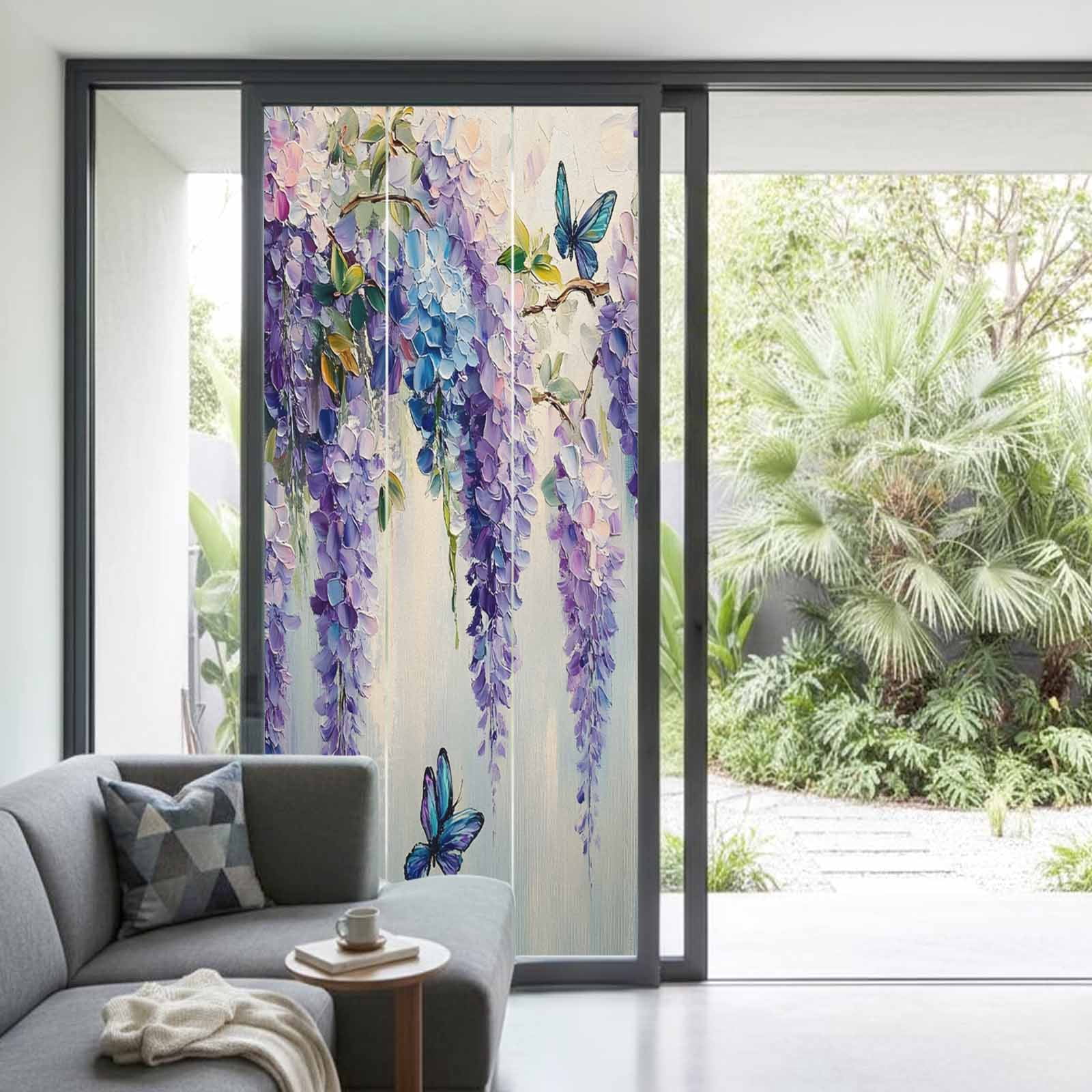 Purple Lavender Window Privacy Film, Butterfly Flower Abstract Brush Artwork Static Cling UV Sun Blocking Tint Film Heat Control Windows Films for Bedroom Bathroom, Window Stickers 35.4"x78.7"