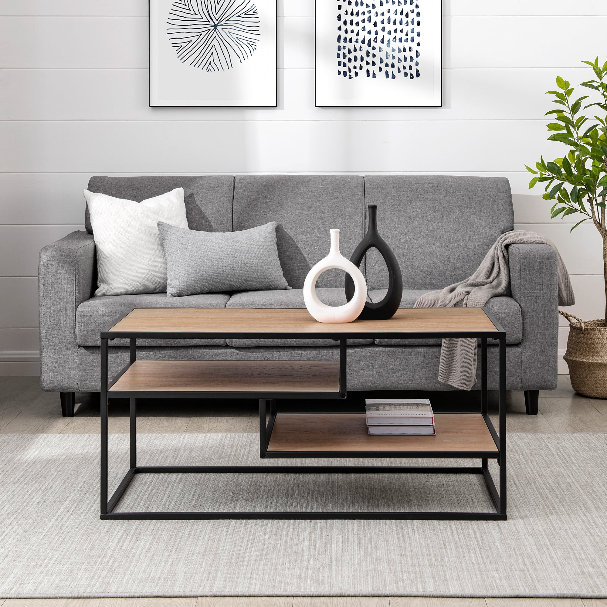 Walker Edison Contemporary Wood and Metal Tiered Coffee Table, Coastal Oak