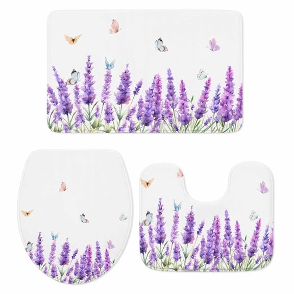 Lavender Bath Mat 3 Piece Bathroom Rug Set, Purple Spring Floral Botanical Butterfly Non Slip Bath Rug Contour Mat and Toilet Lid Cover, Absorbent Shower Mats Soft Bath Rugs and Mats Sets
