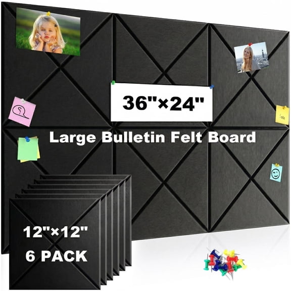 6 Pack Felt Bulletin Board Tiles, 36 x 24 in Large Cork Board for Wall with 50 Push Pins, Thick Notice Board for Office, Kitchen, Classroom, Black