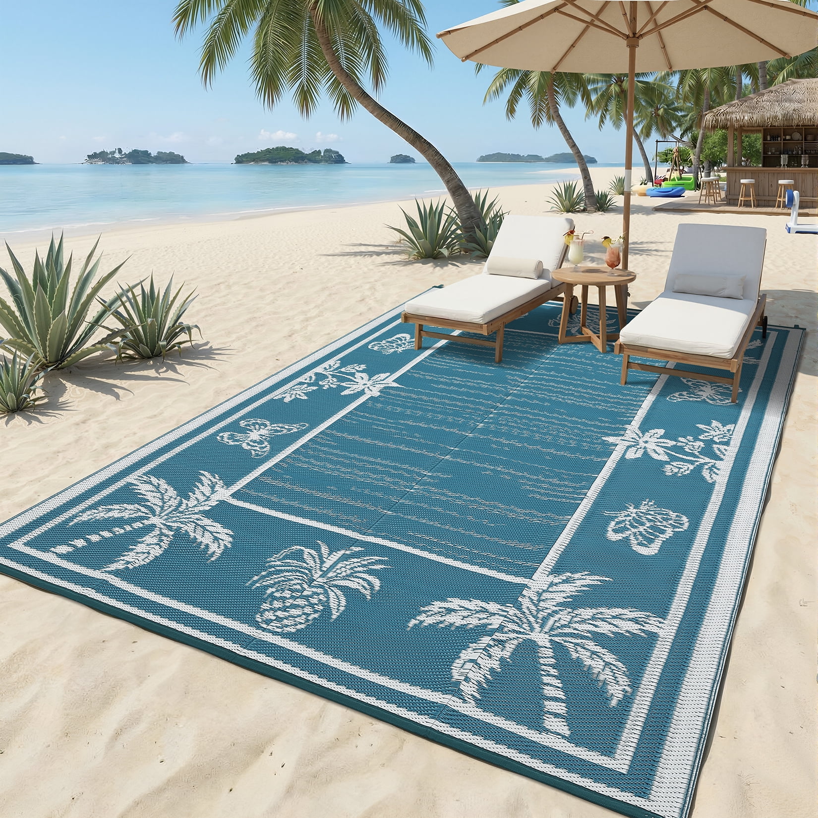 FairOnly 8'x10'Modern Tropical Floral Outdoor Rug Waterproof Reversible & Portable for Patio Poolside & Beach RV,Grey Blue