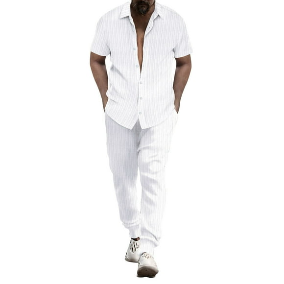 Ediodpoh Men's Linen Shirt Sets Outfits 2 Pieces Shirts Long Sleeve Loose Yoga Pants Beach Clothing Mens Outfits White XL