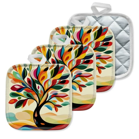 

4 Pack Pot Holders Kitchen Essential Potholder Set Abstract Tree With Colorful Leaves Illustration