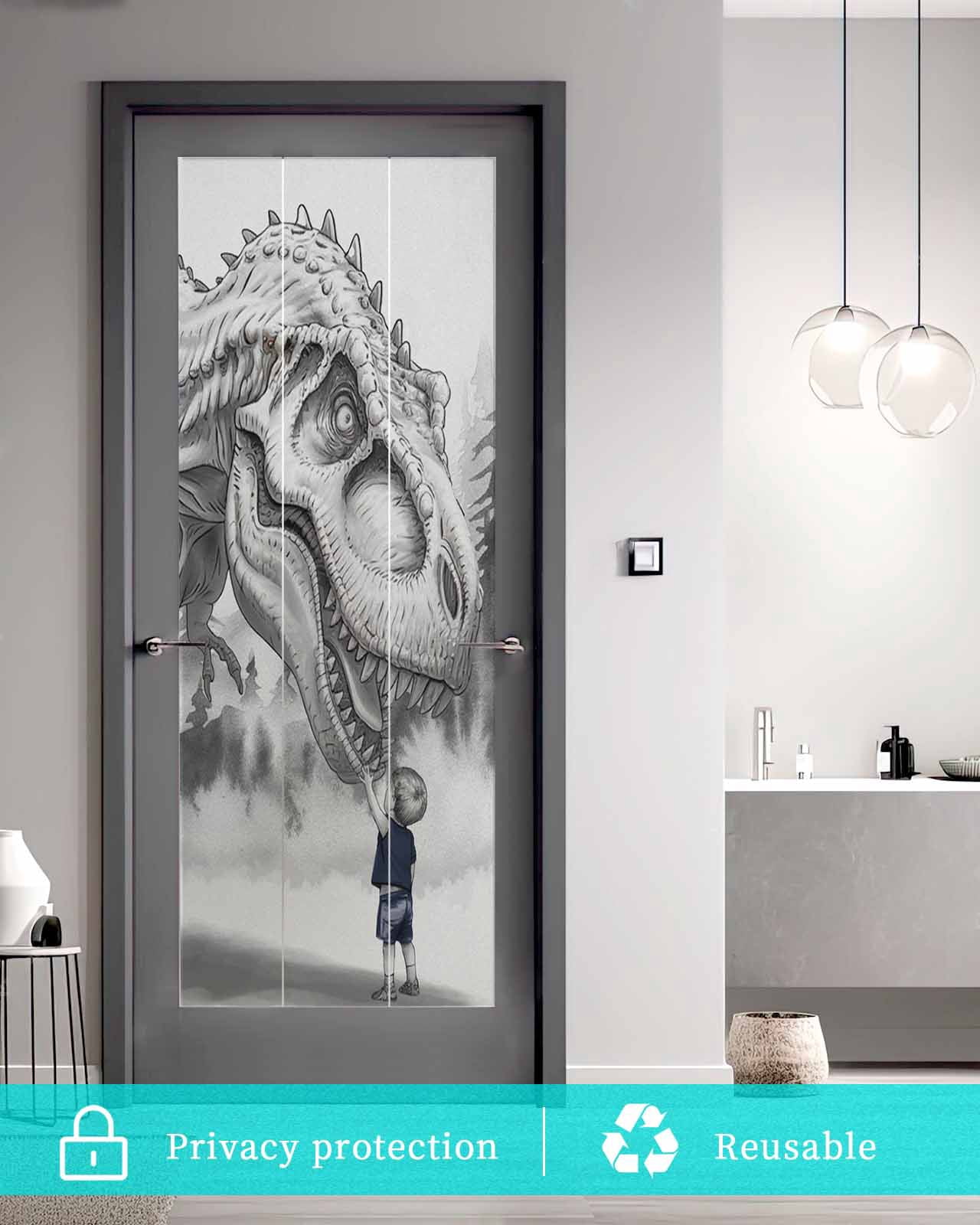 Window Privacy Film Dinosaurs Boy Stained Glass Window Film Decorative Sun Block Window Cover Gray Funny Cartoon Forest Animals Window Clings Static Adhesive Sticker for Bathroom 23.6"x59"