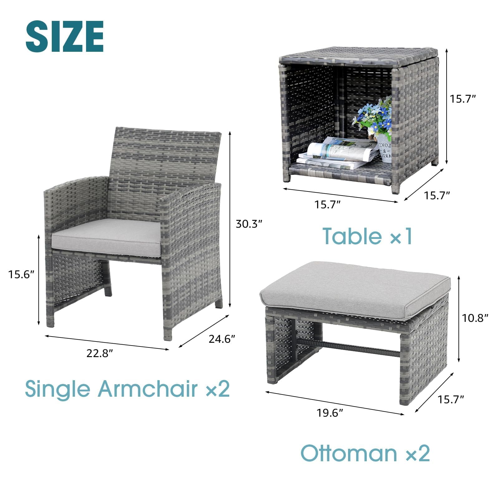 JOIVI 5 Piece Patio Furniture Set, Wicker Outdoor Patio Set with Ottoman and Small Coffee Table, Pillows Included, Light Gray