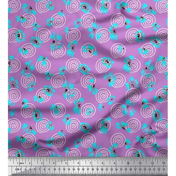 Soimoi Purple Viscose Chiffon Fabric Stripe & Wild Flower Floral Printed Craft Fabric by the Yard 42 Inch Wide