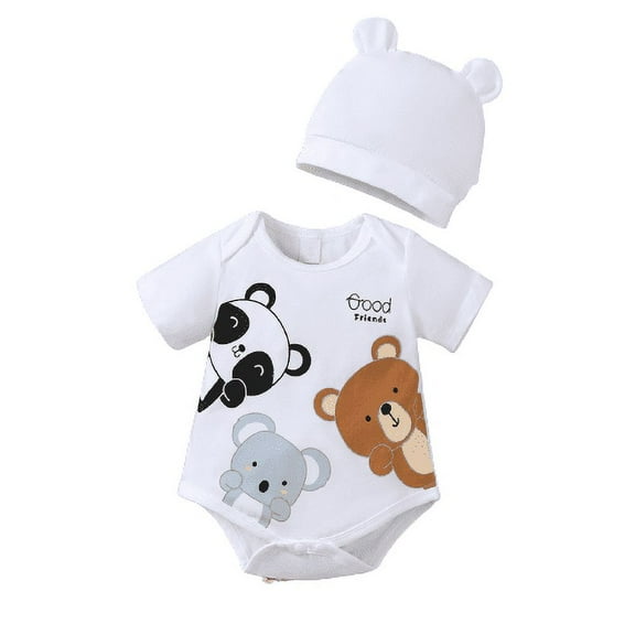 Mikrdoo Newborn Baby Boys Summer Clothes Animals Print Romper With Hat 2Pcs Romper Set White 3-6 Months