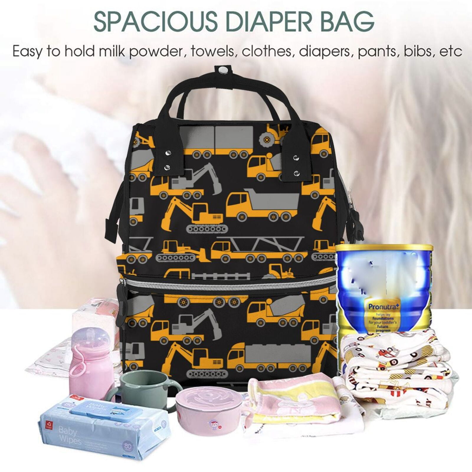 Kdxio Baby Diaper Backpack,Multi-Function Travel Backpack Nappy Bags,Nursing Bag, Fashion Mummy,Roomy Waterproof for Baby Care(Yellow Excavator)