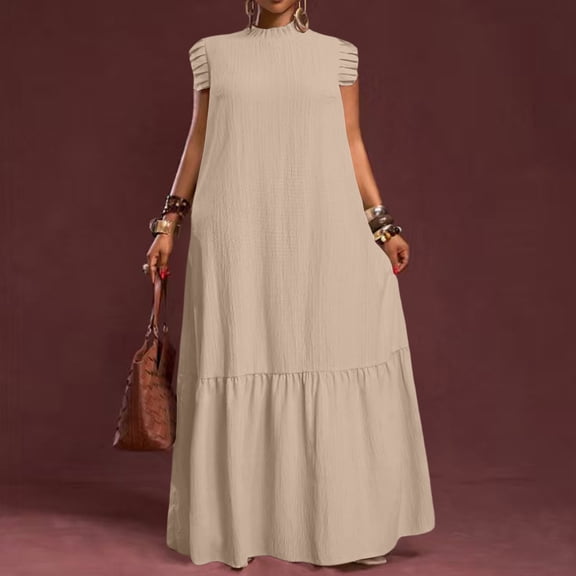 Women's Mock Neck Ruffle Cap Sleeve Maxi Dress, Tiered Hem Loose Solid Color Long Dress, Casual Flowy Floor Length Dress for Daily Vacation Wear 05-Khaki S