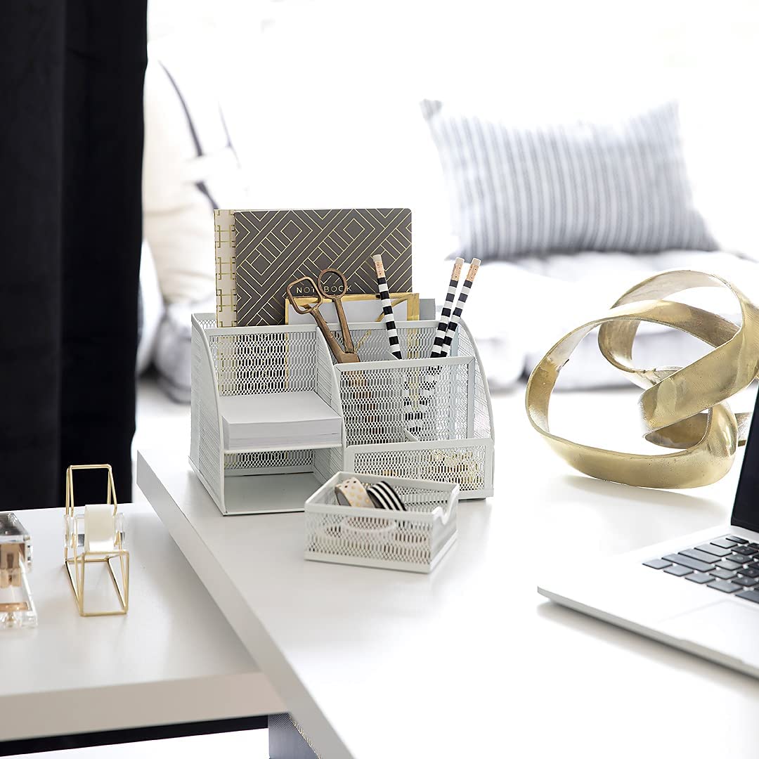 Blu Monaco Monte Unique Metal White Desk Organizer with Drawer