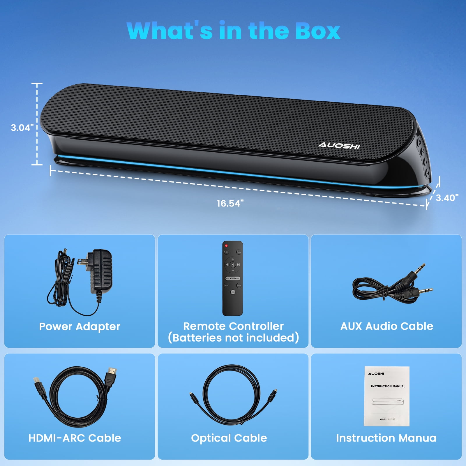 AUOSHI Small Sound Bar for TV, 2.1ch 60+W Compact Soundbar with Built-in Subwoofer, Bluetooth 5.4, 5 EQ Modes, HDMI ARC/Optical/AUX/USB, 16.5 inch