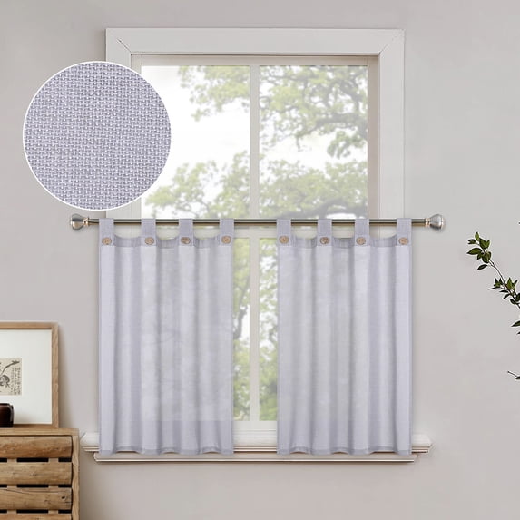 Haperlare Gray Kitchen Curtains 27"Wx36"L Linen Solid Button Tab Top Cafe Tier Curtains Light Filtering Curtains for Living Room Bathroom, 2 Panels
