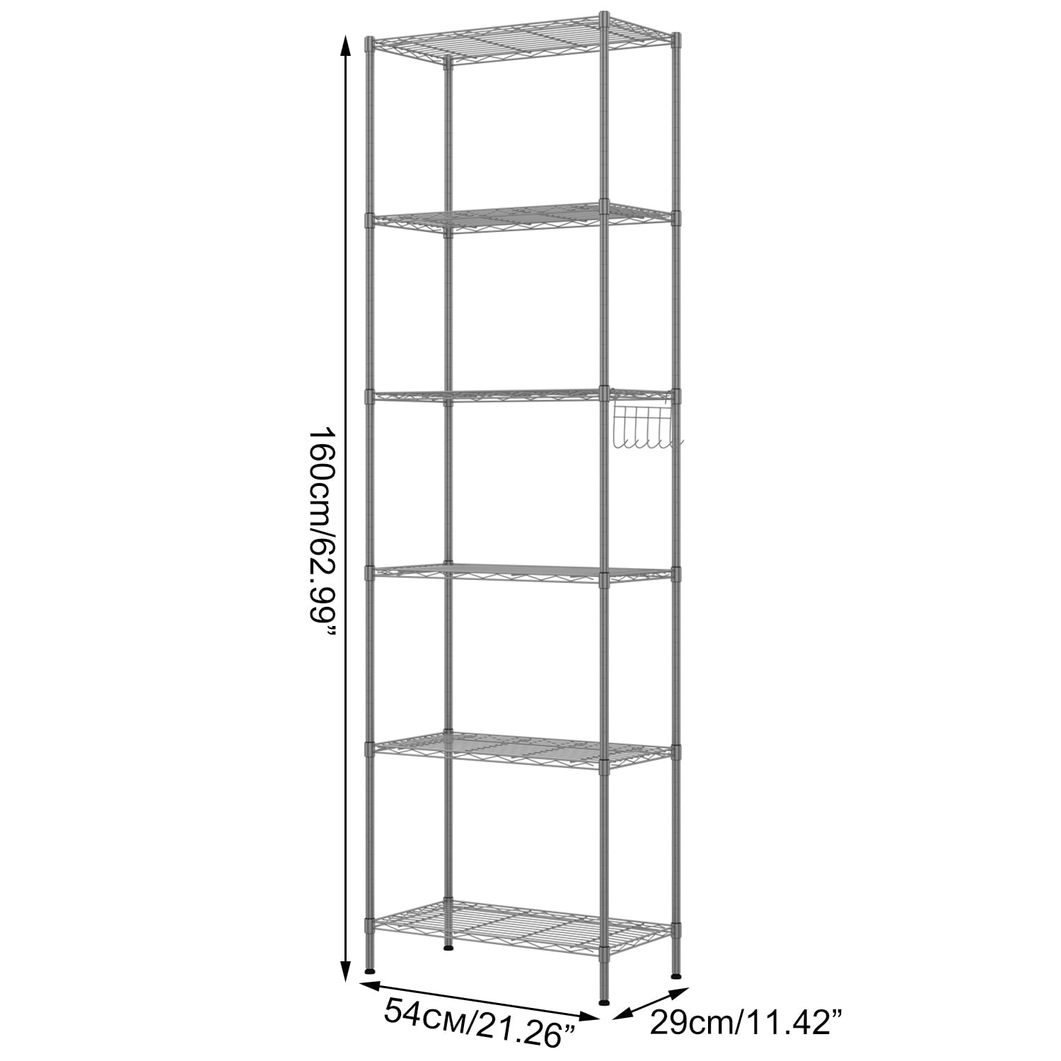 Sailvan 6-Tier 63"H Metal Storage Rack with Wheels, Slim Wire Shelving Unit for Pantry Kitchen Bathroom, Adjustable Shelves with Hooks, 530lbs Cap,Silver