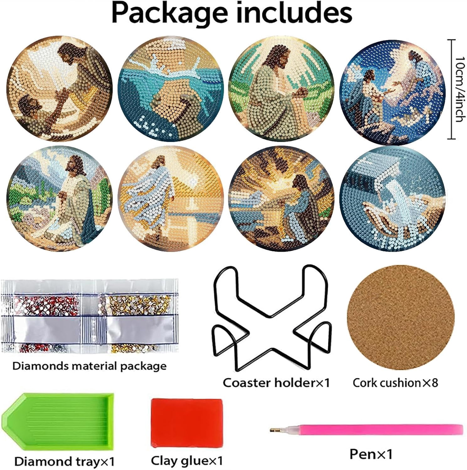 8 Pcs Jesus Diamond Art Coasters Kits with Holder, Sunrise Religious Diamond Painting Coasters Kits for Adults, DIY 5D Diamond Dots Small Mini Kit Full Drill Art Craft Supplies 4X4 Inch