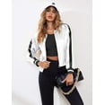 thumbnail image 6 of Zeagoo Women Letterman Jackets Satin Bomber Jacket Casual Short Biker Jacket Classic Solid Striped Fashion Coat Zip Up Windbreaker Outerwear, 6 of 8