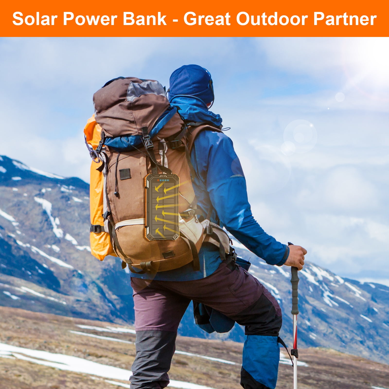 SOLPOWBEN 49800mAh Solar Charger Power Bank for iphone android Solar Power Bank Wireless Charger and 4 Built-in Cables,Dual Flashlights Battery Pack for Outdoor Camping Hiking (Orange)