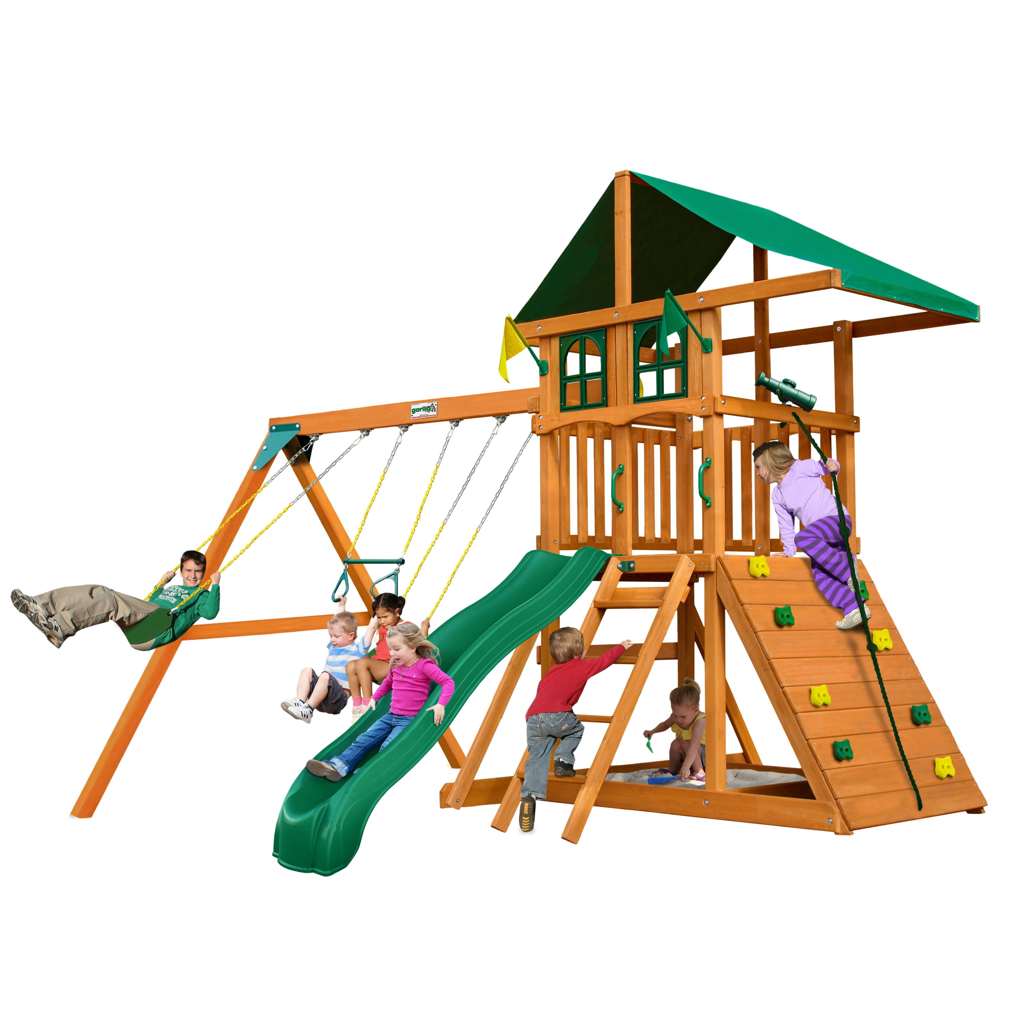 Gorilla Playsets 01-1077 Avalon Treehouse Wooden Swing Set with Oversized Green Vinyl Canopy Roof, Climbing Wall, Ladder, Swings and Slide
