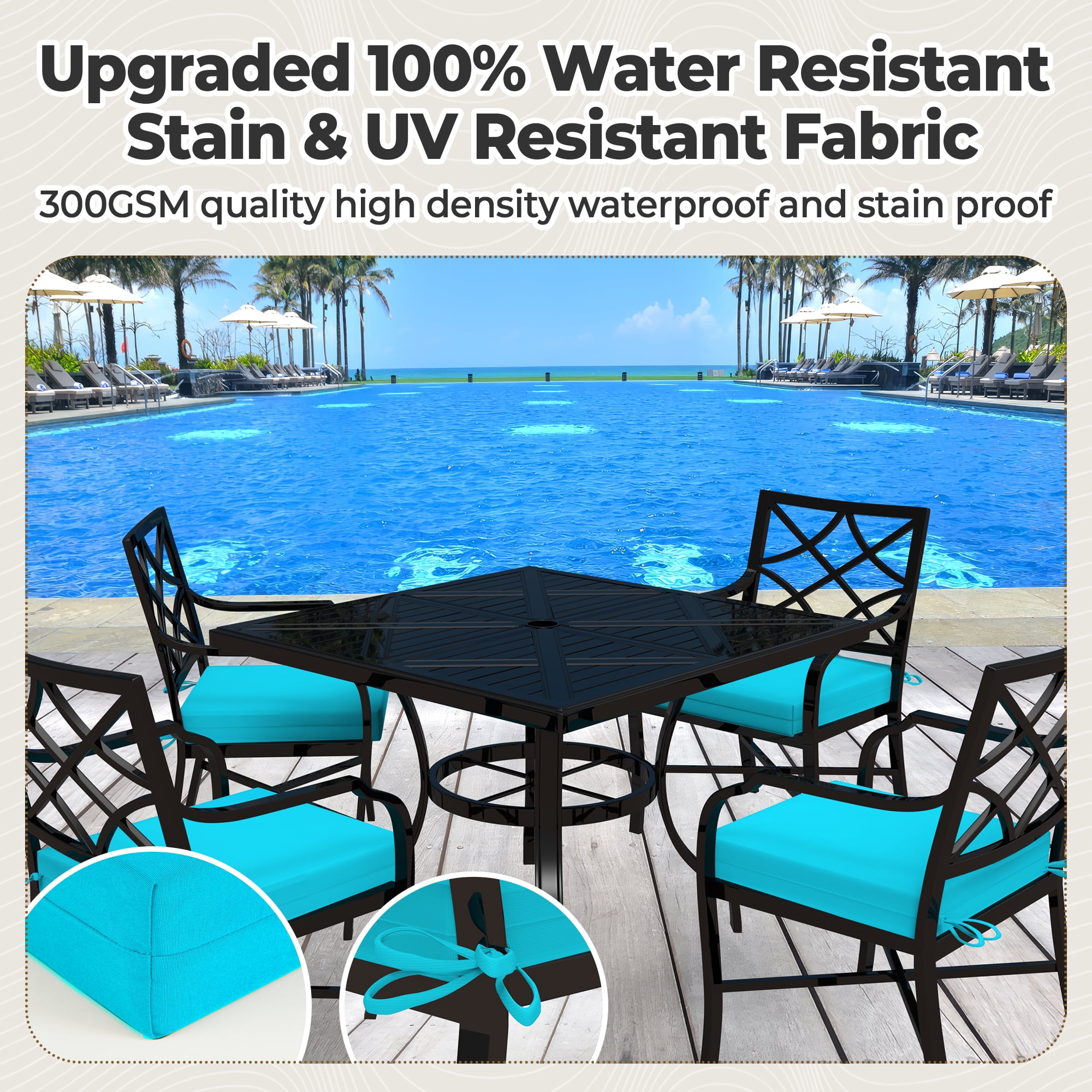 Unikome 4-Pack Outdoor Patio Chair Cushions, Solid Water-Resistant Foam, Square, 18.5 x 16 inch, Blue