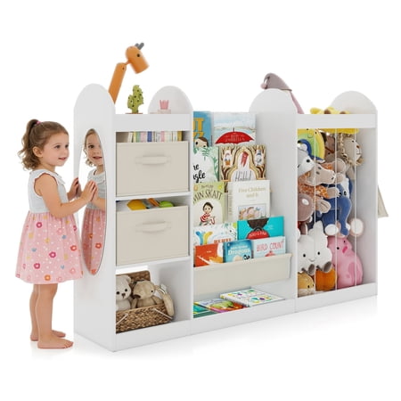 COSVALVE Multifunctional Wooden Kids Toy Storage Organizer with 4-Tier Bookshelf,Stuffed Animal Storage,Mirror,2 Bins,Toddler Playroom Bedroom Nursery Furniture(White)