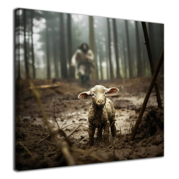 Jesus and Lamb Canvas Prints Christian Wall Art Décor Jesus Running After Lost Lamb Picture for Living Home Decoration - 8x8 inches Framed