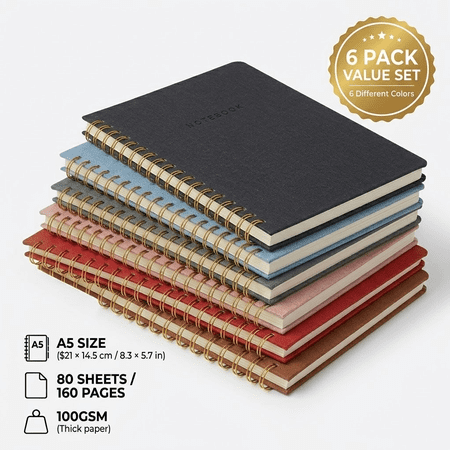 6 Pack A5 Spiral Notebooks, Linen Textured PU Hardcover, 100GSM 1CM Ruled, 80 Sheets, School & Office Journals with Back Pocket