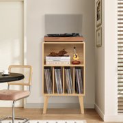 Record Player Stand, Vinyl Record Storage Cabinet, Mid-Century Turntable Stand Table Holds Up to 160 Albums Living Room Bedroom Office, Natural Wood