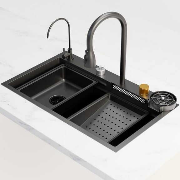 33*22 INCH Nano Black Flying Rain Drop In Stainless Steel Watefall Kitchen Sink Single Bowl with Pull Down Faucet Set Accessories Included