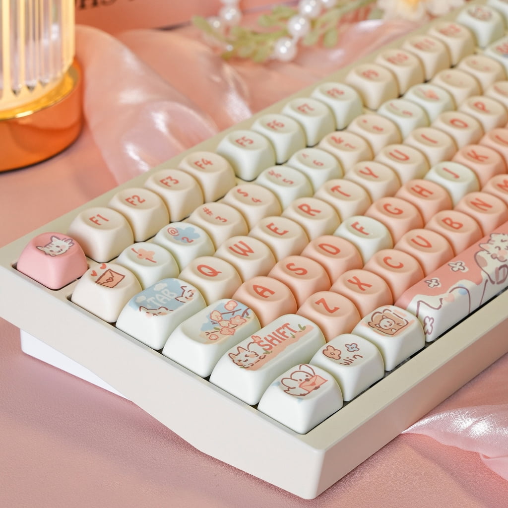 Cartoon Keycaps Set 132Keys MOA Height Heat Sublimated Strawberry Kitten Colorful for Mechanical Keyboards