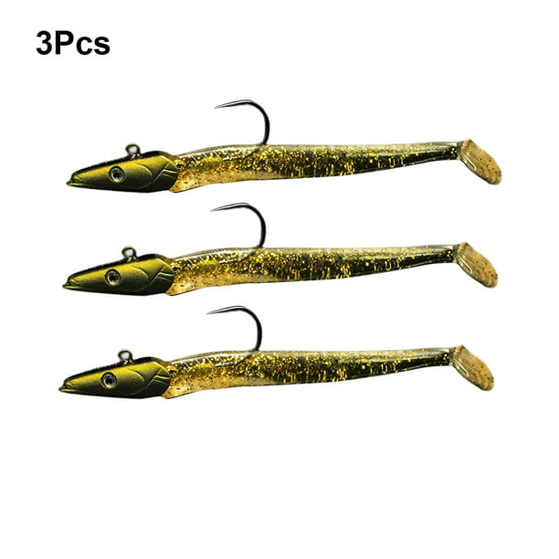 Electronicheart 3Pcs Lure Bait Fishing Soft Head Fish Bass Hook Artificial  Tackle Boat Barbed Herring Shiner Perch Grouper Accessory Blue Gold 