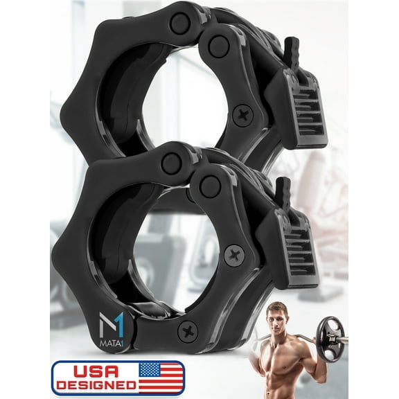 Mata1-USA Barbell Clips Set of 2 Black, Non Slip, Quick Release Clamps