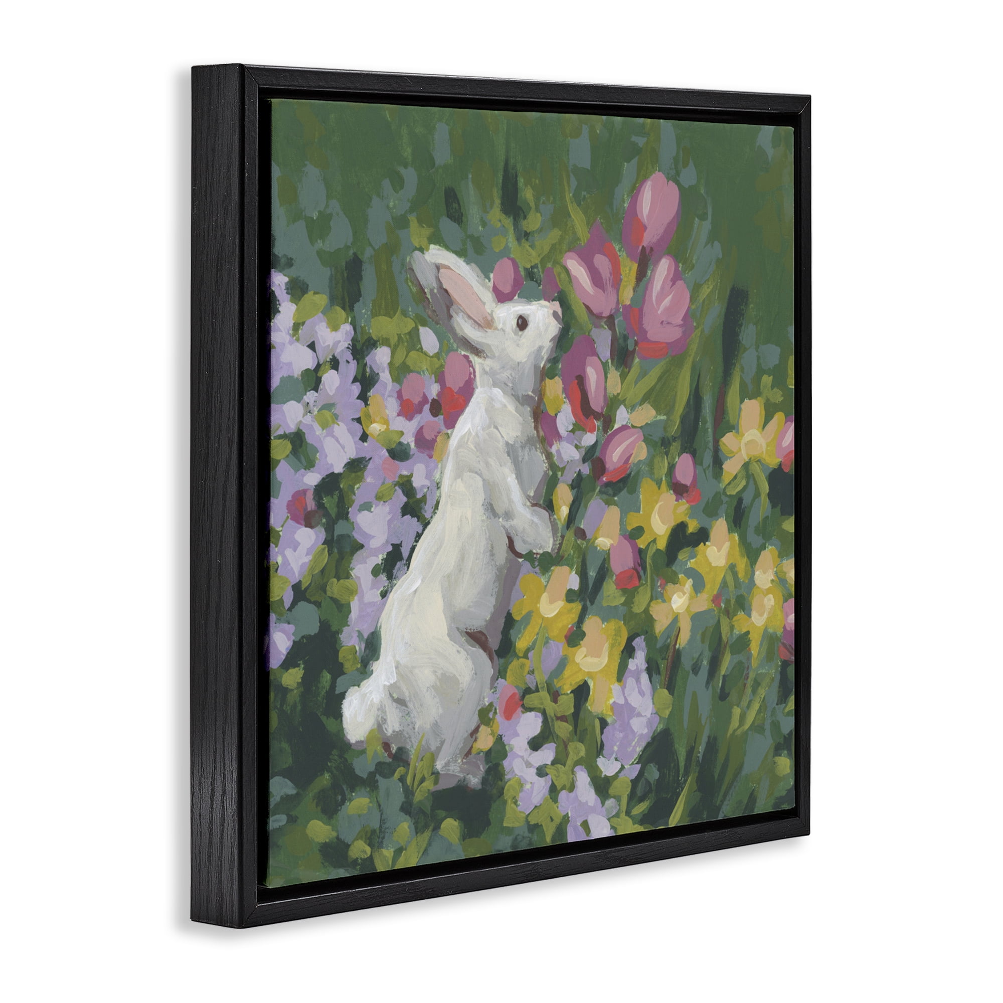 Stupell Industries Bunny in Garden Impression Black Framed Floater Canvas Wall Art, design by June Erica Vess