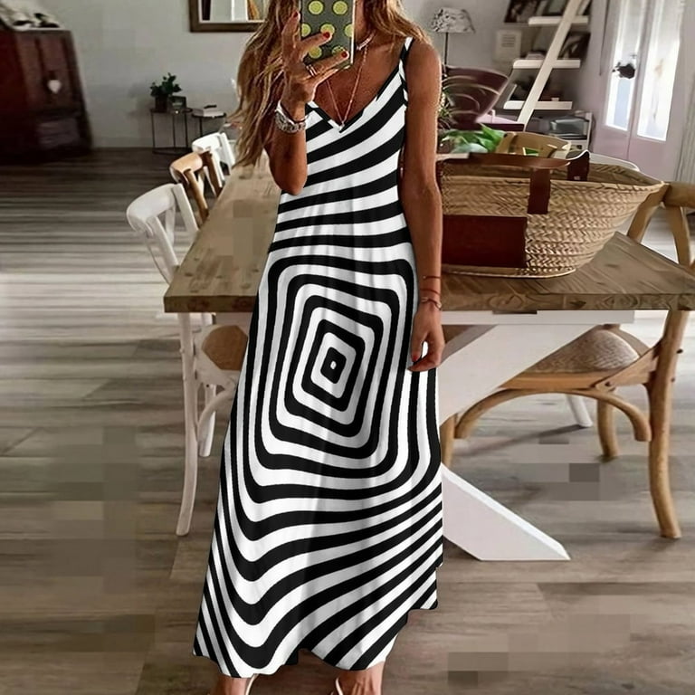 elegant black and white striped dress Elegant Striped Print V-Neck Maxi Dress – Short Sleeve Boho Casual Summer  Beach A-Line