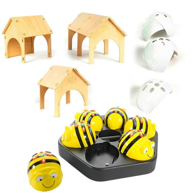 6pcs Bee-Bot Programming Robot with Docking Station, 1-set Wooden Tunnels & FREE 10pcs Clip on Shells White, STEM Educational Classroom Coding Teaching and Learning Materials