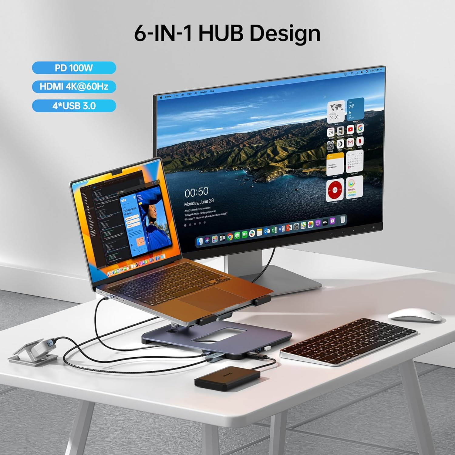 BENFEI Laptop Stand with USB C 6in1 Docking Station, HDMI 4K@60Hz, 4*USB3.0, 100W PD