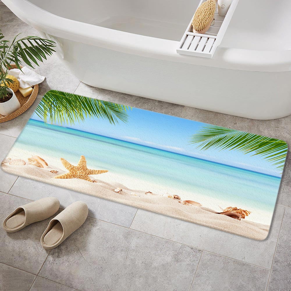 Beach Starfish Bathroom Rugs, Ocean Beach Seaside Bathroom Rugs Costal Scenery Landscape Nautical Sea Scenic Sand Blue Sky Summer Bathroom Rug Mat 17X48inch, Absorbent Bath Rugs