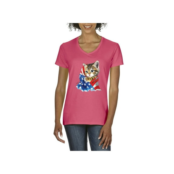 NIB - Women's T-Shirt V-Neck Short Sleeve - American Flag 4th of July Kitty