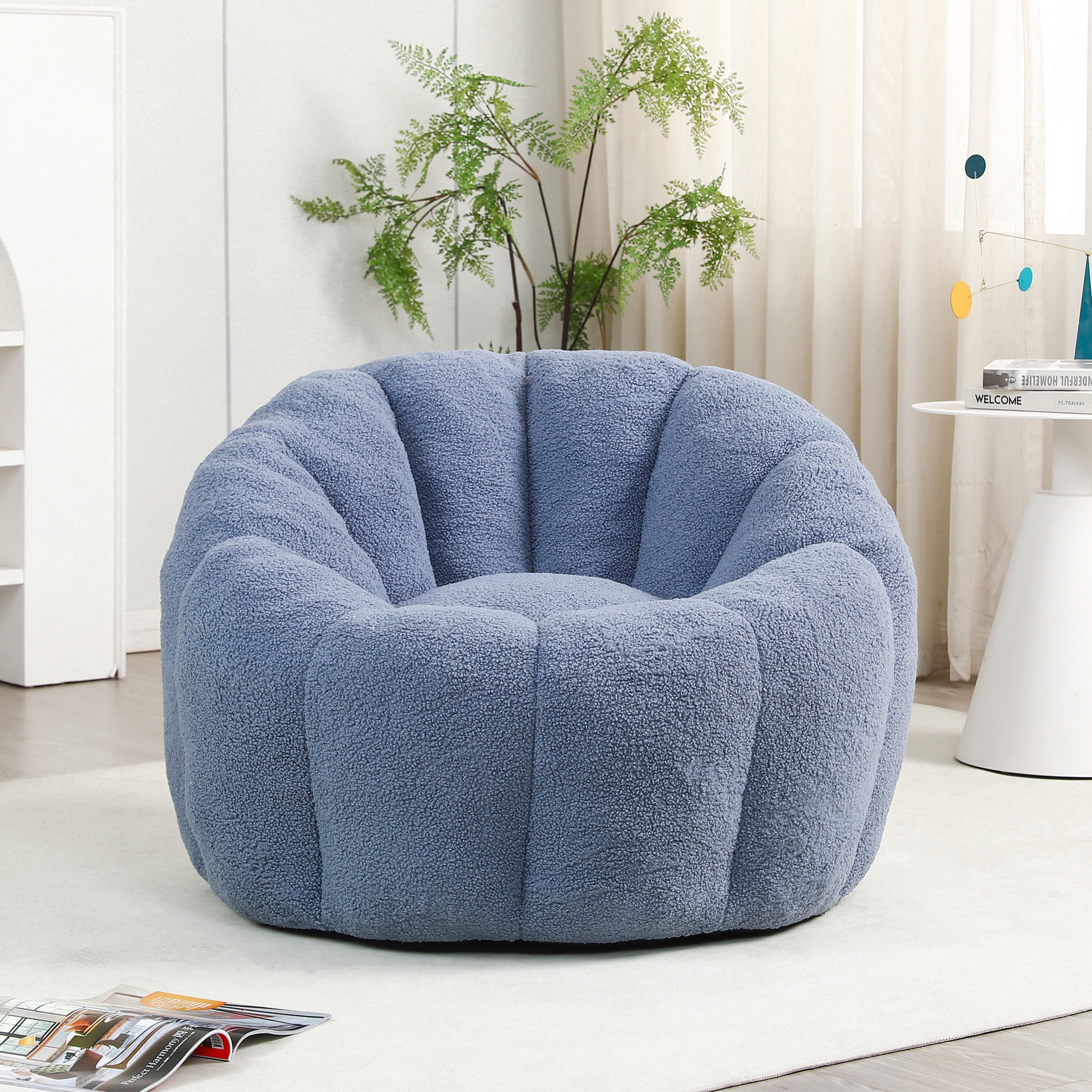 Noble House Haylie Fluffy Faux Fur Bean Bag Chair, High Density Foam Lazy Sofa Lounge, for Living Room, Light Blue