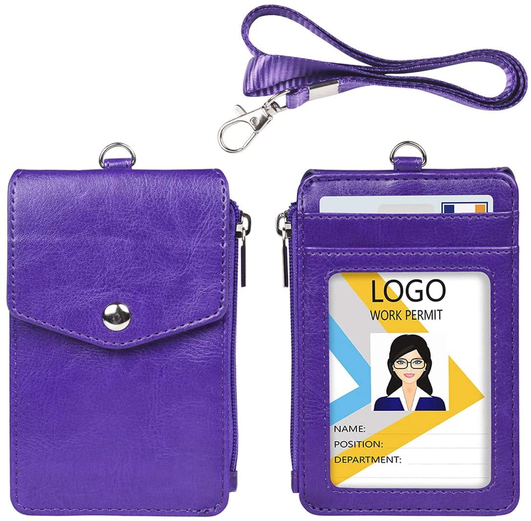 Credit Cards Leather Badge Holder with Zipper Pocket,1 Clear ID Window and 3 Card Slots with Secure Cover Driver Licence Premium Leather ID Holder with Nylon Lanyard for Office School ID 