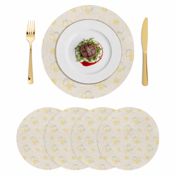 Summer Lemon Round 15 Inch Placemats Set of 4, Yellow Fruits Leaves Lemon Farmhouse Beige HeatResistant Non Slip Place Mats for Dining Table, Wipeable Braided Kitchen Table Mats for Housewarming