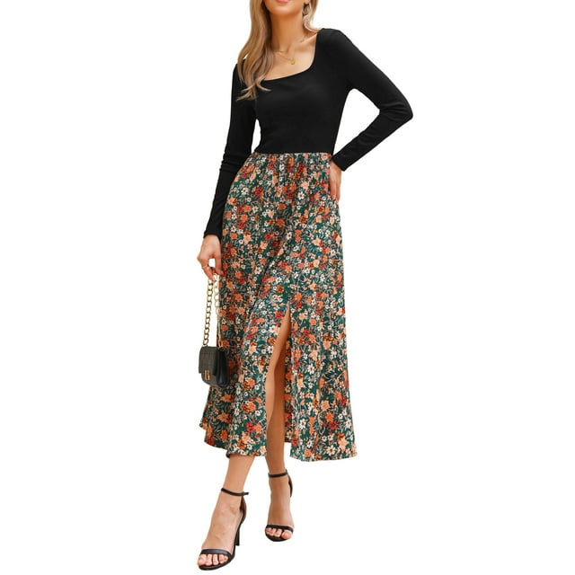 Vestido Maxi de Patchwork Vintage Inspire Chic para Mujer, Vestido de Fiesta de Cuello Cuadrado, Negro Verde