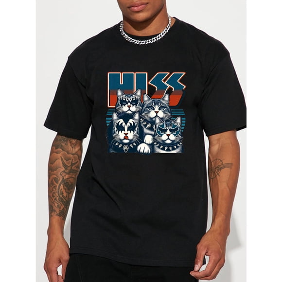 Men's Casual Cotton T Shirt with Bold HISS Cat Print \u2013 Short Sleeve Round Neck