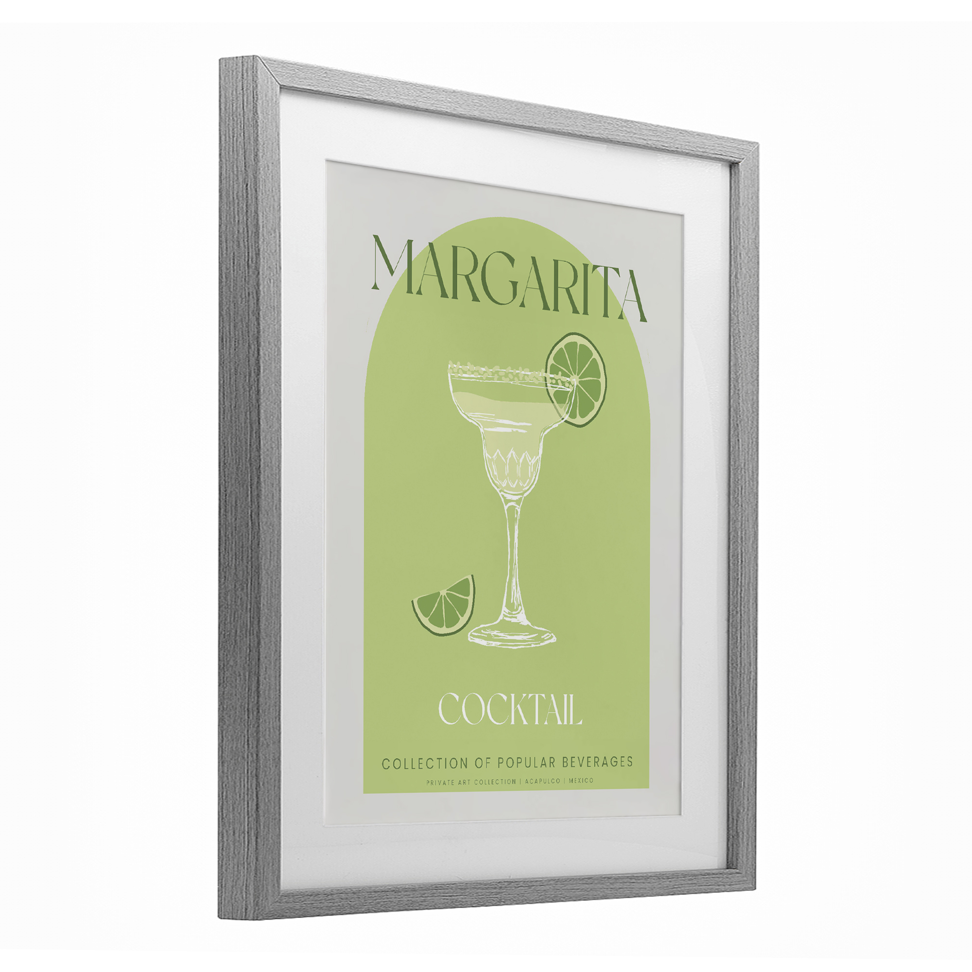 Stylish Retro Margarita Gray Framed Print Under Glass, design by Lil' Rue