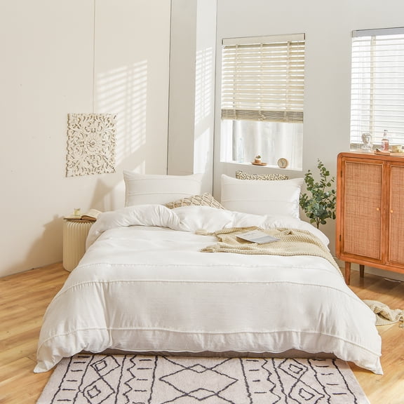 Move Over White Boho Bedding Set Mini Pom Poms Pattern Soft Washed Microfiber Duvet Cover Set King No Filling
