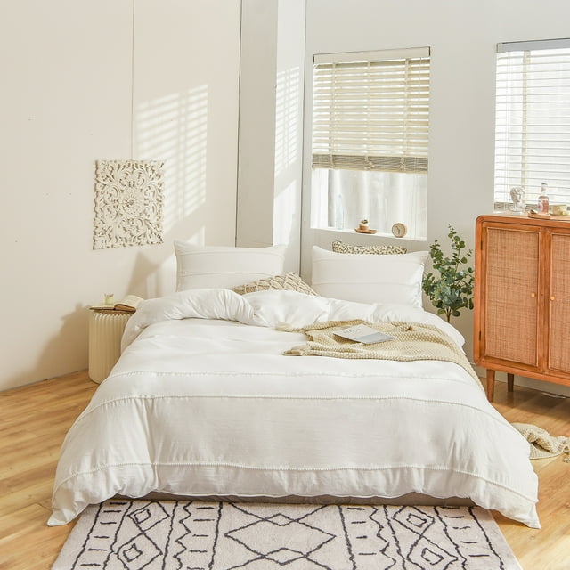 Move Over White Boho Bedding Set Mini Pom Poms Pattern Soft Washed