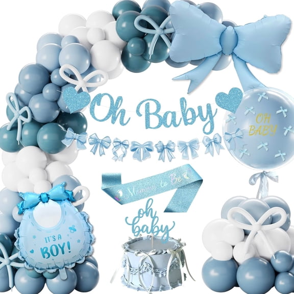 Baby Shower Decorations Boys, Blue and White Balloons, Blue Bow Theme Oh Baby Banner, Bow Balloons, Mommy to Be Sash, Welcome Baby Decorations