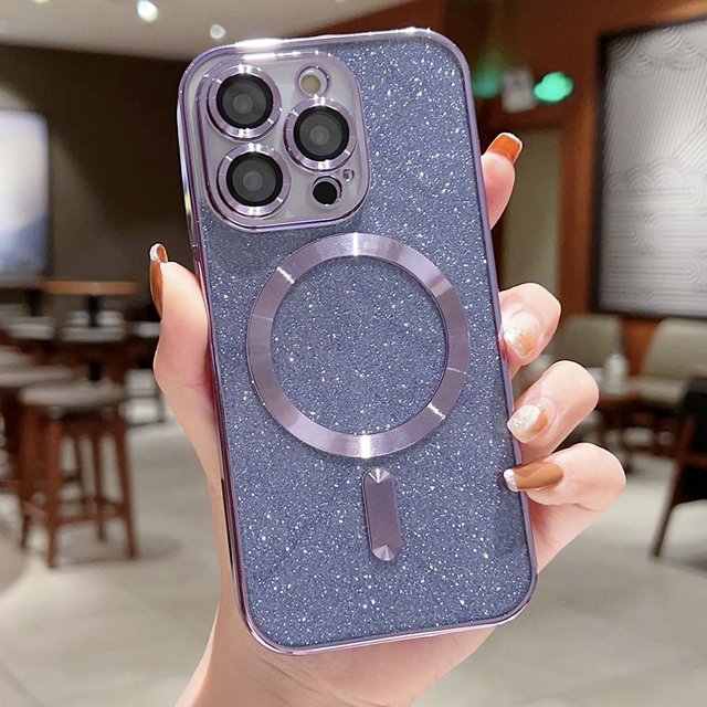 For Magsafe Electroplate Lens Protector Case For iPhone 15 16 11 12 13 14 Pro Max 16 Plus Wireless Charge Bumper Glitter Cover Purple For iphone 11